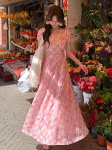 LIRENQING | French Pink V-Neck Floral Summer Long Dress