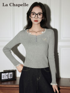 La Chapelle | Lace Trimmed Long Sleeve T-shirt with Bow Embroidery