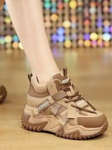 Lightweight Casual Womens Sneakers Anti-Slip Heightening Dad Shoes Outdoor Style Cross Buckle round Toe Rubber Outsole