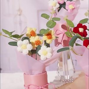 Handmade Knitted Crochet Flowers LED Light Bouquet Home Ornaments Wedding Valentines Day Gift