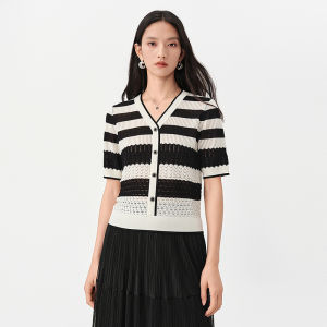 Koradior | Striped Mid-sleeve V-neck Sweater Top