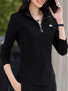 Fashionable Long Sleeve Zipper Half Open Collar T-Shirt Womens Versatile Ageless Elegance Top Trendy Commute Casual Wear
