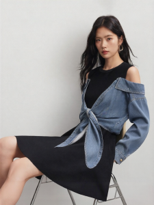 Vero Moda | Tencel Blend Patchwork Contrasting Waist-Cinching Mid-Dress