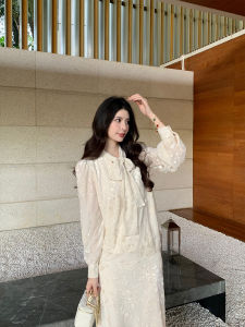 KUN Evening Beige Velvet Print Shirt Half Skirt Two-Piece Fashion Set Womens High-End Feel Autumn Long Sleeve Casual Style