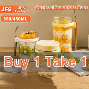JFS 350/450ML Reusable Overnight Oats Jars with Spoon Airtight Oatmeal Cup Container with Measurement Marks