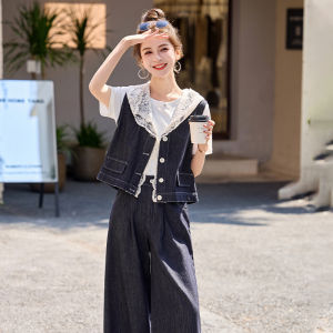 MANWUJINGLING | Fashion Denim Lace Trim 3-Piece Women Suit