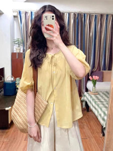 Yellow Bubble Sleeve Loose Short Sleeve Shirt Women Summer Thin Elegant Beautiful Design Sensation Doll Shirt Top