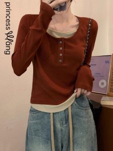 WANGGONGZHU | Slim Fit Long Sleeve T-Shirt Womens Round Neck Base Shirt Korean Style Versatile Fashion Top Princess Style Hot Trend Autumn 2024