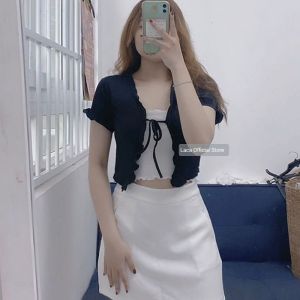 Set Áo khoác Kiểu Ngắn Tay phối bèo kèm áo dây cuộn viền Laca Store A31-1 Áo khoác cardigan cộc tay chất dệt kim
