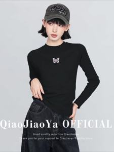QIAOJIAOYA | Áo Thun Dài Tay Cotton Trang Trí Hình Bướm