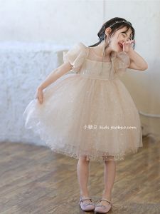 Girls Short Sleeve Sequin Bubble Sleeve Dress Summer New Style Princess Skirt Birthday Dress Sparkling Mesh Fabric Childrens Clothing