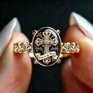 Inspirational Cross Glass Oval Ring Silver Plated Vintage Religious Faith Jewelry Elegant Gift Accessories For Men Size 7-9