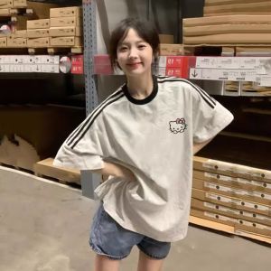 Girls Summer Cartoon Short Sleeve T-Shirt Loose Half Sleeve Three Bars KT Cat Top Childrens Clothing Cotton Sweat Absorbent