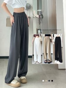 LANGPIN | กางเกงสูทผ้าไหมน้ำแข็งทรงตรงขากว้างเอวสูงสำหรับผู้หญิง ความยาวปกติ ฤดูใบไม้ผลิ 2024 กางเกงขายาวทรงหลวมสไตล์วันพีซ