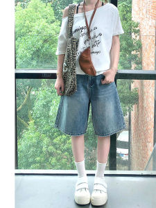 Blue Wide Leg Denim Shorts Womens Summer plus Size Loose Pear Shape Body Straight Cut Slimming Five-Quarter Mid-Pants