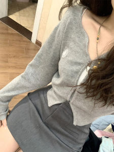 Korean Style Gray V-neck Knitting Cardigan Womens Spring & Fall Thin Silm Slim Looking Waist-Controlled Long Sleeves Short Small Coat Tops