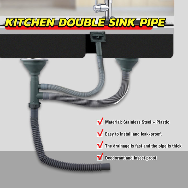 Kitchen Double Sink Drainer with Drainage Hose Pipe Basket Drain Set