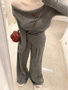 Cool Trendy Womens Fashion Set Long Sleeve Shoulder Bared Wide Leg Pants Slim Fit Street Style Autumn Collection Cotton Blend