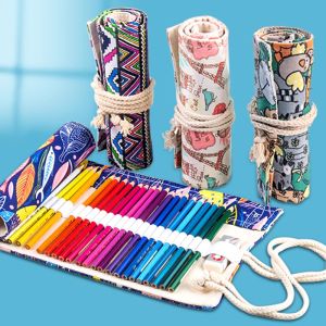 Pen Curtain Roll Pen Bag 24/36/48 Hole/72 Hole Large Capacity Canvas Color Pencil Bag Retro Art Painting Special Pen Curtain Brush Bag Storage