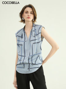 COCOBELLA Summer Visual Cooling Effect Sleeveless V-Neck Pleated Womens Shirt for Commuting OL Style Thin Print Casual Top