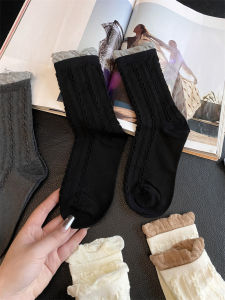 ถุงเท้าข้อสั้นลายดอกไม้ผ้าฝ้ายลินินสีน้ำตาลอ่อน in BLUE Bubble Mouth Cotton Linen Mary Jane Low Saturation Combed Autumn Socks