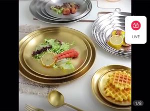 Korean Gold Silver Dinner Plate Barbecue Dish Stainless Steel Round Tray Fruit Plate Cake Plate