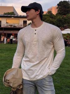 เสื้อยืดคอกลมแขนยาวผ้าฝ้ายขิ้นเงาไผ่สไตล์อเมริกันสำหรับผู้ชาย เสื้อฮู้ดออกกำลังกาย กระชับกล้ามเนื้อ ชั้นใน เสื้อเชิ้ต ทรงหลวม ปกติ