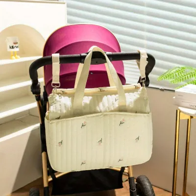 Embroidered Mummy Bag Multi-Functional Diaper Bag With Handles Can Be Hung On Stroller