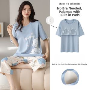 Miiow | Pure Cotton Summer Lightweight Short Sleeve Sleepwear Set For Women Breathable Skin-friendly Seven-Quarter Pants Home Clothes