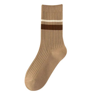 Womens Mid-Calf Socks Stripe Pattern Absorb Sweat Anti-Odor No-Cuff Long Socks Winter Warm Cotton Polyester Blend Comfortable
