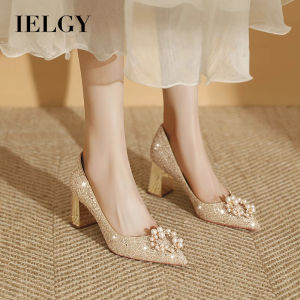 IELGY Wedding shoes womens 2024 new pumps with block heels do not get tired of mid-heel crystal shoes