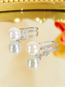 SEQUITO Noble Women Engagement Long Drop Earrings with Pearl AAAAA Cubic Zirconia Silver Plated Ear Jewelry SE972