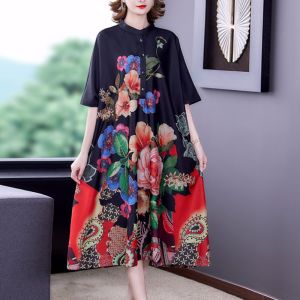 Loose Silken Cheongsam Dress Guangzhou Thirteenth Factory  Silk Ethnic Style Large Size Womens Clothing Summer Dress