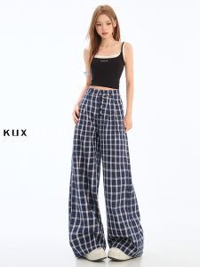 Quần Ống Rộng Kẻ Sọc Cạp Cao Cho Nữ Mùa Thu 2025 Phong Cách Mới Quần Ống Đứng Rộng Rãi Rộng Rãi Màu Xanh Lam