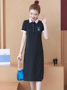 Summer New Polo Collar Casual Short Sleeve Dress Large Size Korean Style Vertical Stripes over Knee Long T-Shirt Dress