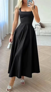Hepburn style Dress Evening Party Graduation Ball Square neck High Waist Satin Maxi dress 7002