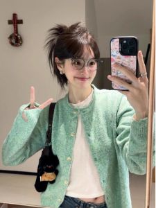 Áo Len Cardigan Dệt Kim Màu Xanh Lá Cây Kiểu Pháp Cho Nữ Áo Khoác Ngoài Mùa Thu Áo Len Cổ Tròn Mềm Mại Áo Khoác Ngoài Đầu Thu