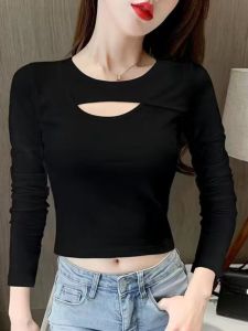 Fall Hollow High Waist Crop Top Short Bottoming Shirt T-Shirt New Arrival Silm Versatile Inner Match Long-Sleeved Doublet Women