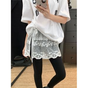 กระโปรงสั้นผ้าตาข่ายลูกไม้สีขาวสำหรับผู้หญิงไซส์ใหญ่ กระโปรงทรงเอเอวสูง ผ้าฝ้ายผสมโพลีเอสเตอร์ ความยาวครึ่งแข้ง