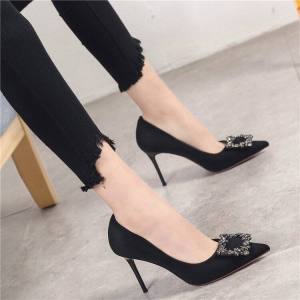 Black High Heels Women's Thin Heel French Noblewoman Water Diamond Pointed Toe Niche Professional Single Shoes Spring Autumn New