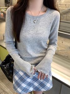 Womens round Neck Hollow out Knitted Base Shirt Spring Autumn Inner Wear Outer Wear Soft Comfortable Long Sleeve Grey Sweater