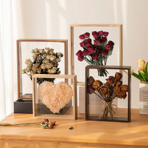 Clear Double-sided Shadow Box Frame DIY Flower Crafts Tickets and Photos Display Desktop Wooden Frame