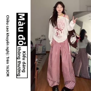 YIFANSHI | Quần Dài Ống Rộng eo Cao Kiểu Vintage Màu Đỏ