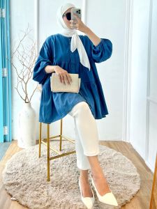 Kemeja Wanita Terbaru Denim Babydoll Ruffle Lengan Balon Jumbo Bigsize