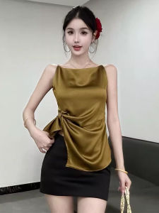 chaqi | Elegant Waist-Cinching Strap Vest Womens Outerwear Summer 2025 New Acid Satin Slim Fit Top Asymmetric Commute Style Solid Color