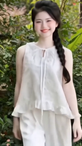 DX_ Set babydoll set thiết kế mặc hè áo Xô thêu cột dây cộc tay bèo lai phối quần suông dài Đũi