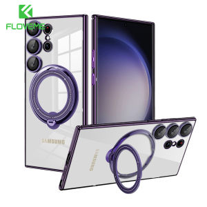 FLOVEME Luxury Plating Clear Phone Case For iPhone 15 14 13 12 11 Pro Max 15 14 Plus With Rotating Bracket Stand Wireless Charging Full Protection Shockproof Back Cover For iphone X XR XS Max