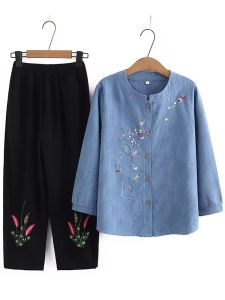 Grandma Spring Fashion Pure Cotton Long Sleeve Shirt Set Elderly Women Outerwear Mom Coat Old Lady Spring Autumn Clothes Womens Wear