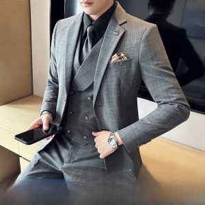 ROMON | Lormen Mens Plaid Suit Set Casual Wedding Business Formal Youth Fashion City Standard Fit Polyester Viscose Spandex Blend