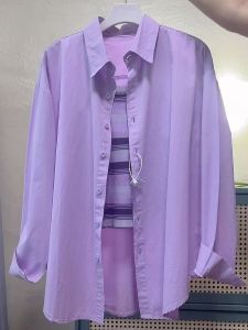 French Style Long Sleeve Purple Shirt Womens Fashionable High-End Summer Top Sun Protection Cotton Polo Collar Regular Fit